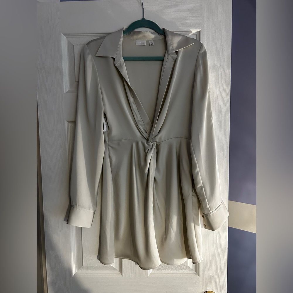 Babaton Ivory Long-Sleeve Tie-Front Satin Dress